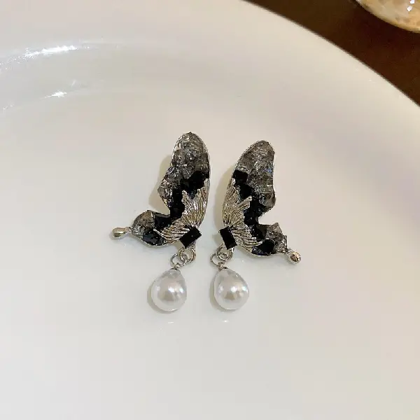 Black-Silver Pin Set Diamond Baroque Pearl Colorblock Crystal Butterfly Stud Earrings,tkmbeautysupply.com
