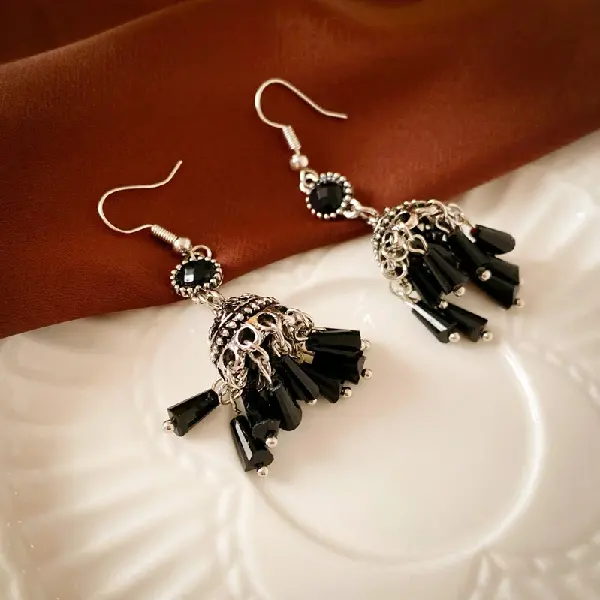 Antique Silver-Black-Diamond Crystal Tassel Lantern Ear Hooks,tkmbeautysupply.com