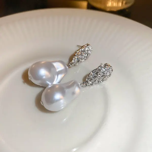 11-Silver Needle Pleated Geometric Pearl Stud Earrings,tkmbeautysupply.com