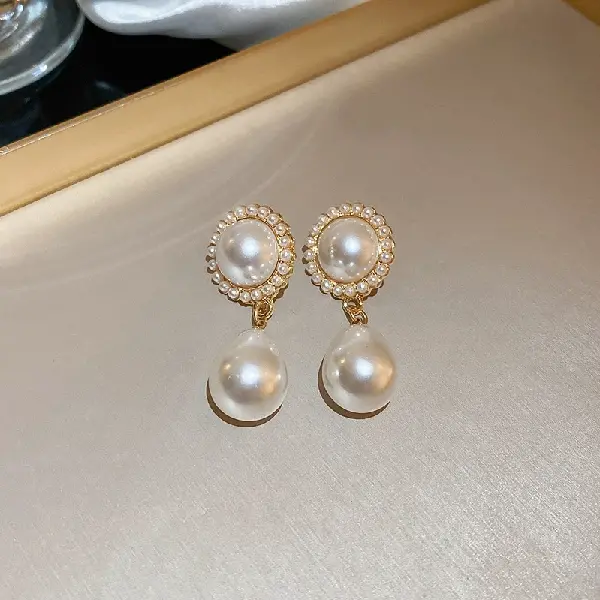 19-Silver Needle Pearl Circle Water Drop Earrings,tkmbeautysupply.com