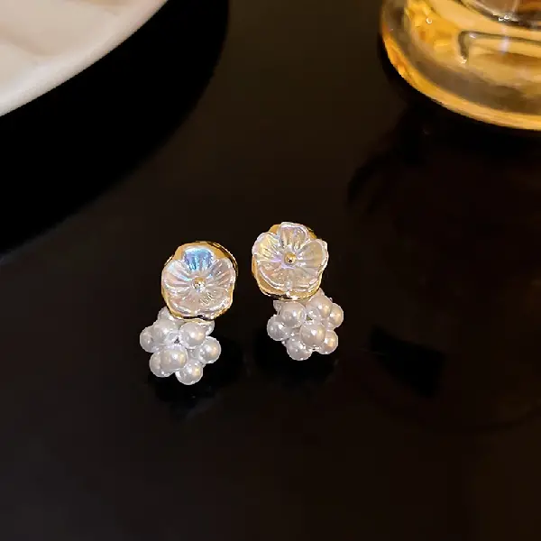 23-Silver Needle Pearl Cluster Flower Stud Earrings,tkmbeautysupply.com