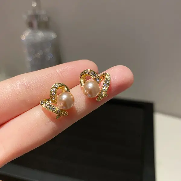 Silver Needle Pearl Diamond Love Stud Earrings,tkmbeautysupply.com