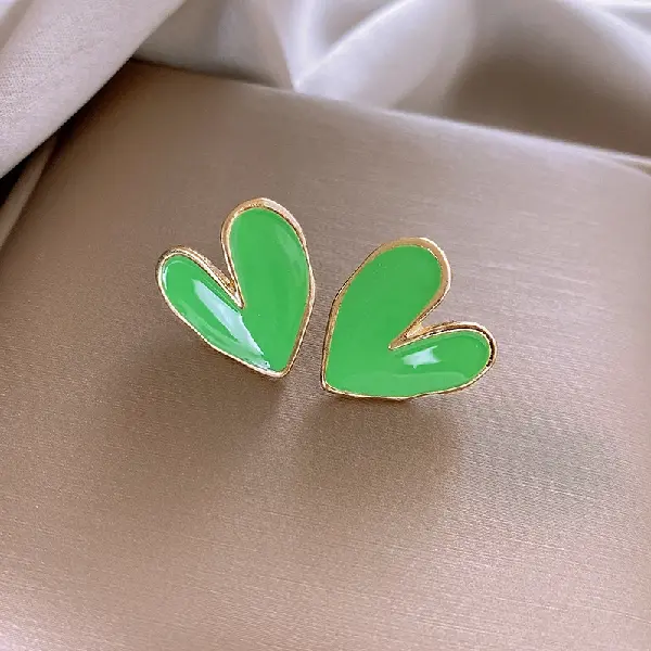 1-#925 Silver Needle Green Oil Drop Love Stud Earrings,tkmbeautysupply.com