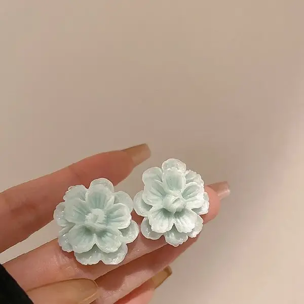 5-#925 Silver Needle Light Green Flower Stud Earrings,tkmbeautysupply.com