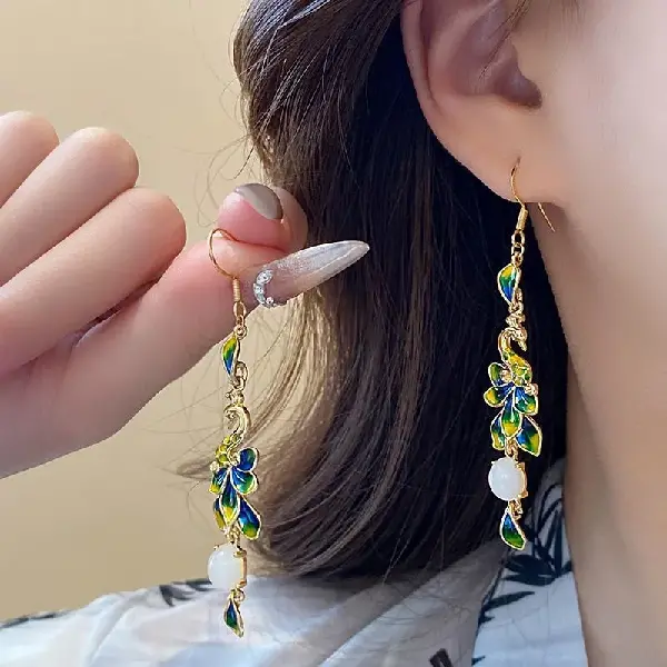 28-#14K real gold electroplated peacock petal oil drop ear hooks,tkmbeautysupply.com