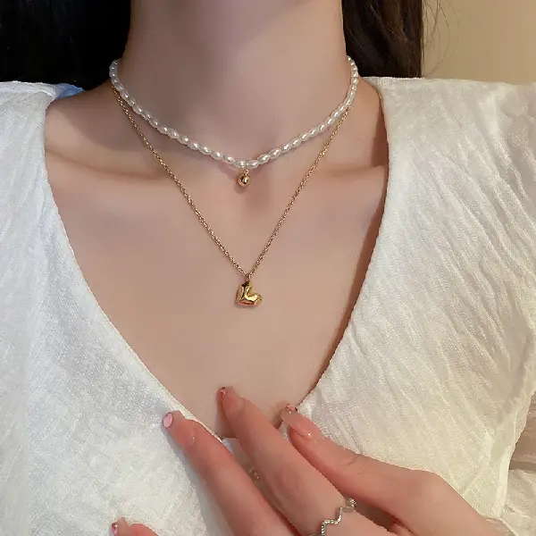 Gold-Love Ball Pearl Necklace (Set of 2),tkmbeautysupply.com