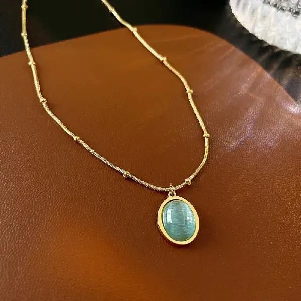 23# titanium steel small round bead oval cat's eye necklace,tkmbeautysupply.com