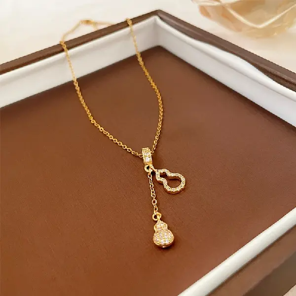 27# titanium steel zircon hollow gourd tassel necklace,tkmbeautysupply.com