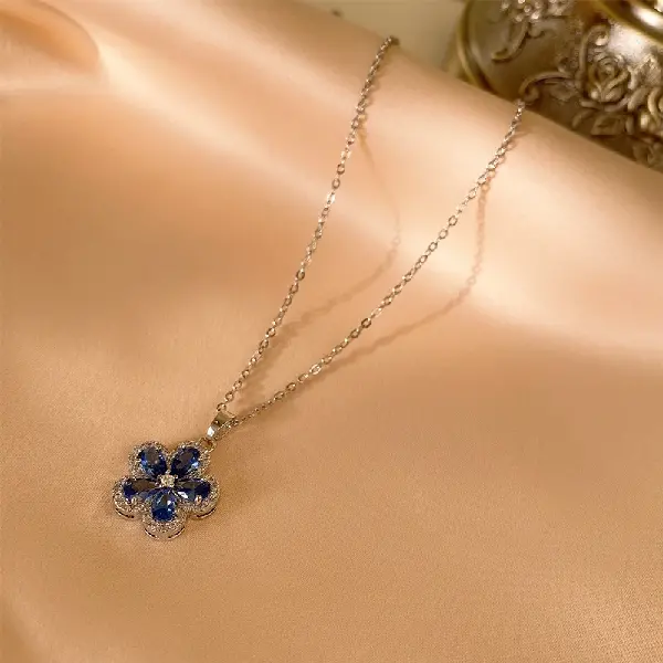 36# Blue-Titanium Steel Zircon Flower Necklace,tkmbeautysupply.com