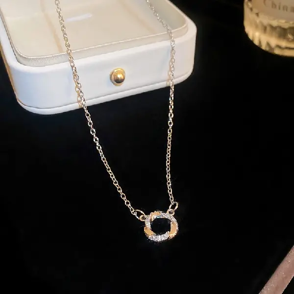 41# Silver-Titanium Steel Zircon Circle Necklace,tkmbeautysupply.com