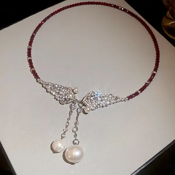Diamond Snake Zircon Love Artificial Pearl Glass Bead Tassel Necklace,tkmbeautysupply.com