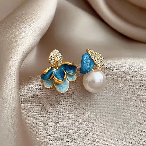 3# Silver Needle Pearl Flower Asymmetric Stud Earrings,tkmbeautysupply.com