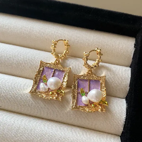 4# Square Leaf Pearl Earrings,tkmbeautysupply.com
