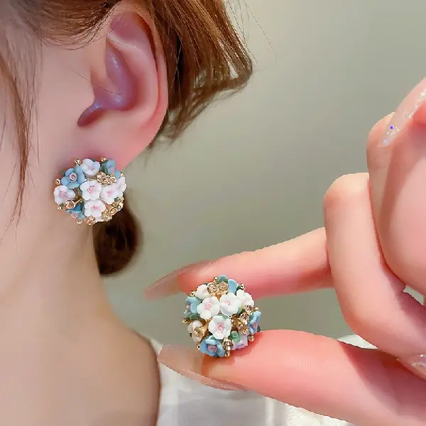 6# Silver Needle Diamond Ceramic Flower Stud Earrings,tkmbeautysupply.com