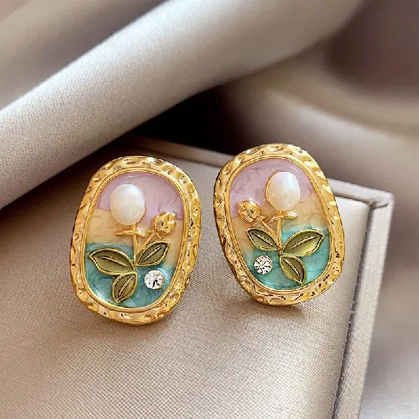 7# Silver Needle Oval Flower Pearl Stud Earrings,tkmbeautysupply.com