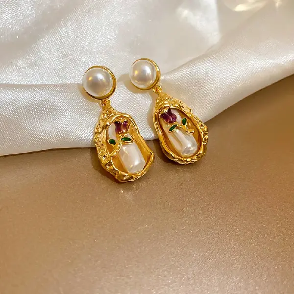 9# silver needle pearl bouquet earrings (18K real gold plating),tkmbeautysupply.com
