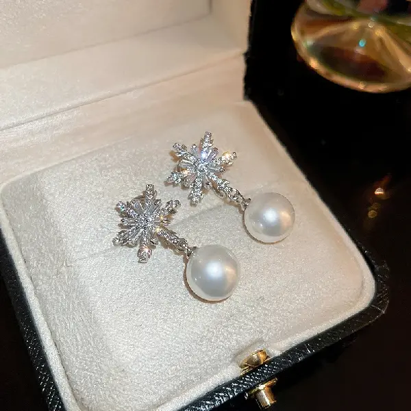 12# Silver Needle Zircon Snowflake Pearl Stud Earrings,tkmbeautysupply.com