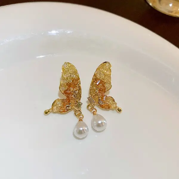 15# Silver Needle Pearl Color Block Crystal Butterfly Stud Earrings,tkmbeautysupply.com