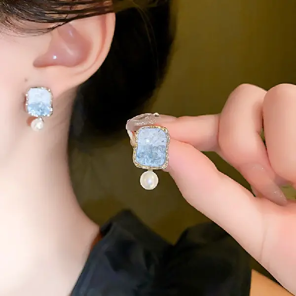 18# silver needle square crystal pearl earrings,tkmbeautysupply.com