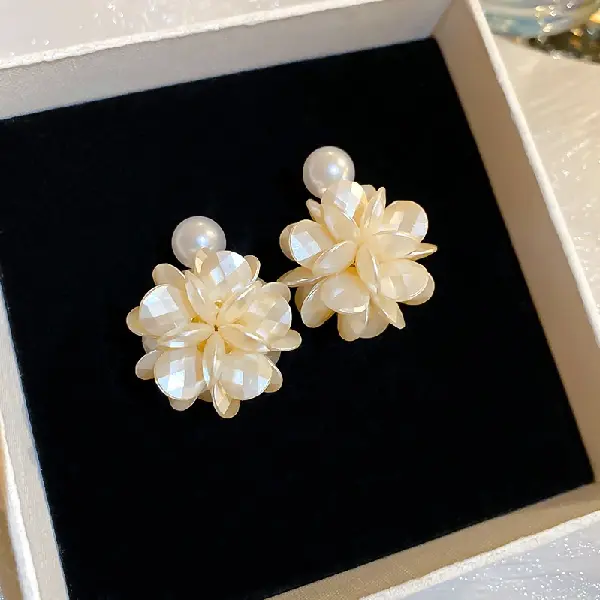 23# silver needle flower ball pearl earrings,tkmbeautysupply.com