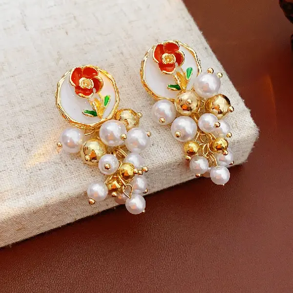 25# silver needle round flower pearl earrings (24k real gold plating),tkmbeautysupply.com