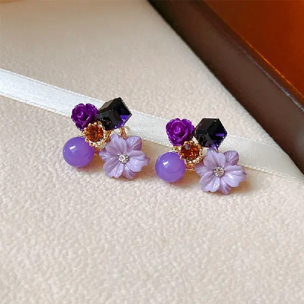 2# Silver Needle-Diamond Cat’s Eye Crystal Flower Stud Earrings,tkmbeautysupply.com