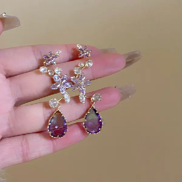 19# Silver Needle-Zircon Flower Crystal Drop Tassel Earrings,tkmbeautysupply.com