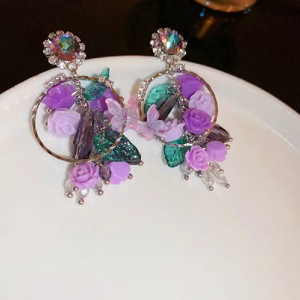 21# Silver Needle-Diamond Circle Rose Flower Butterfly Crystal Tassel Stud Earrings,tkmbeautysupply.com