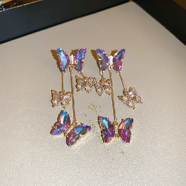 22# Silver Needle-Diamond Zircon Butterfly Tassel Earrings,tkmbeautysupply.com