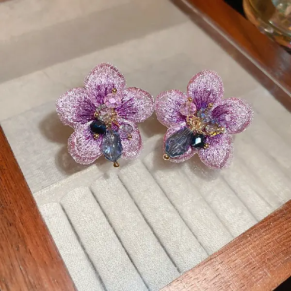 23# Silver Needle-Crystal Gauze Flower Stud Earrings,tkmbeautysupply.com