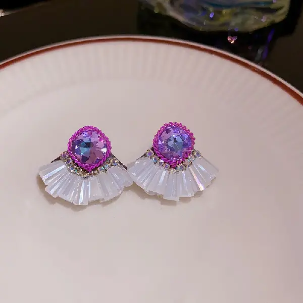 24# Silver Needle-Diamond Square Crystal Fan Earrings,tkmbeautysupply.com