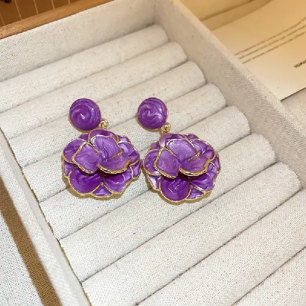 27# Silver Needle-Flower Oil Drop Earrings,tkmbeautysupply.com