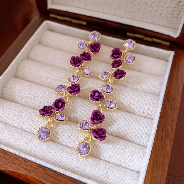 38# Silver Needle-Diamond Purple Rose Tassel Stud Earrings,tkmbeautysupply.com