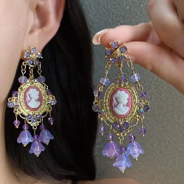 40# Silver Needle-Diamond Flower Portrait Tassel Stud Earrings,tkmbeautysupply.com