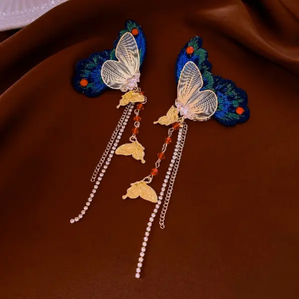 Silver Needle - Wool Braided Zircon Butterfly Wings Diamond Tassel Stud Earrings,tkmbeautysupply.com