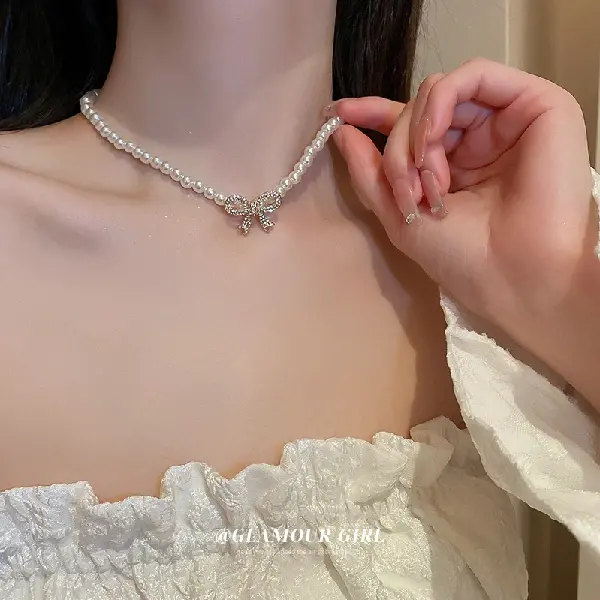 3# Pearl and Diamond Bow Necklace,tkmbeautysupply.com
