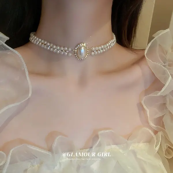 4# Diamond Pearl Oval Double Layer Necklace,tkmbeautysupply.com