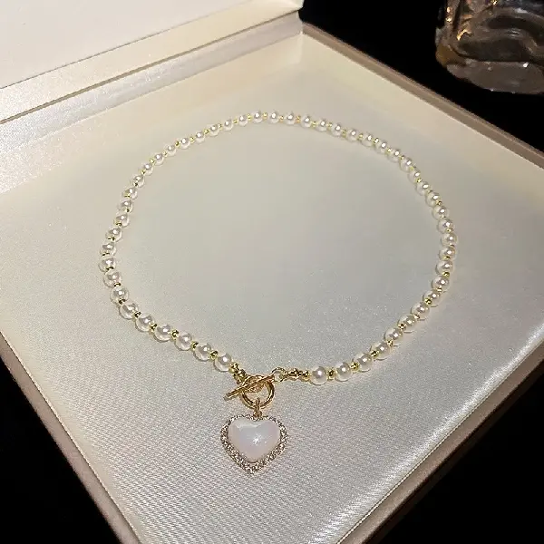 16# diamond and pearl heart T-shaped buckle necklace,tkmbeautysupply.com