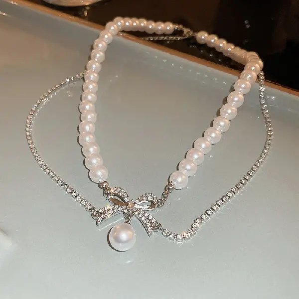 23# diamond bow pearl necklace,tkmbeautysupply.com