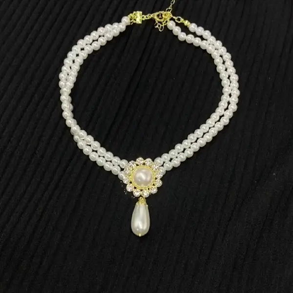26# diamond drop pearl double layer necklace,tkmbeautysupply.com