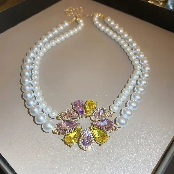 29# diamond drop pearl double layer necklace,tkmbeautysupply.com