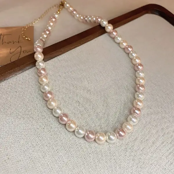 34# pink-8mm color matching pearl necklace,tkmbeautysupply.com
