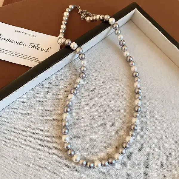 35# Gray-6mm Color Block Pearl Necklace,tkmbeautysupply.com