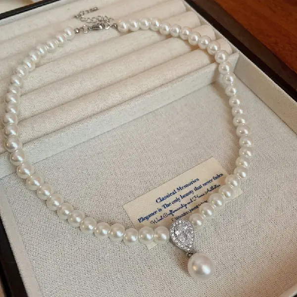 42# white-8mm pearl zircon drop necklace,tkmbeautysupply.com