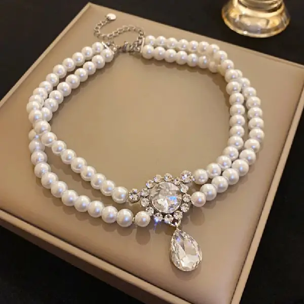 44# diamond drop-shaped double-layered pearl necklace,tkmbeautysupply.com