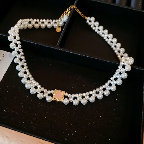 48# double layer pearl zircon necklace (real gold plating),tkmbeautysupply.com