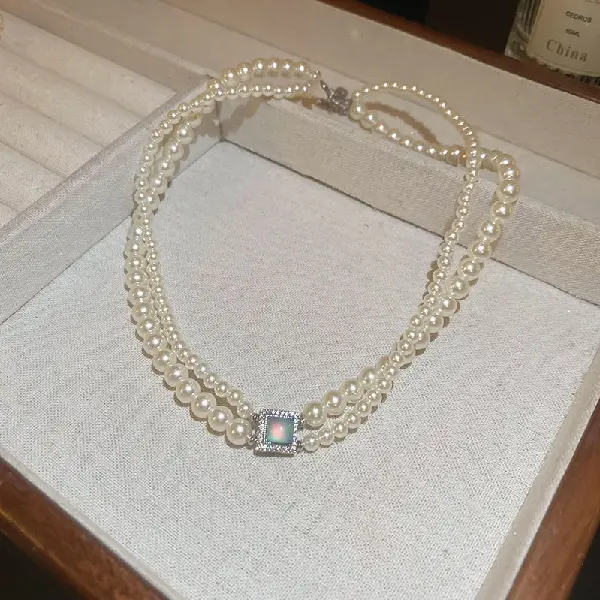 49# blue double layer pearl zircon necklace (real gold plating),tkmbeautysupply.com