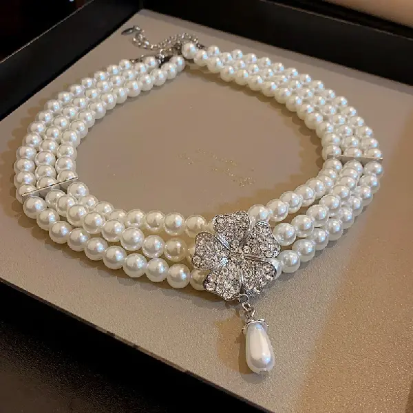 52# flower inlaid diamond pearl multi-layer necklace (7mm),tkmbeautysupply.com