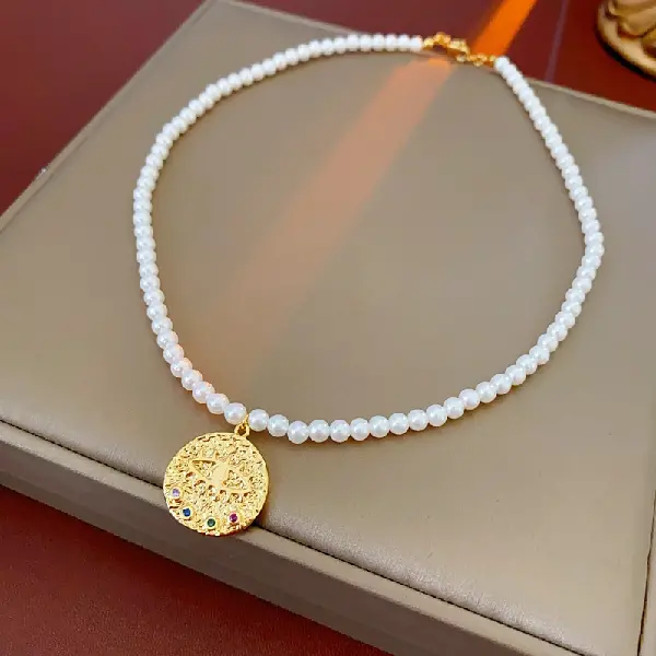 58# round zircon pearl necklace (real gold plating),tkmbeautysupply.com