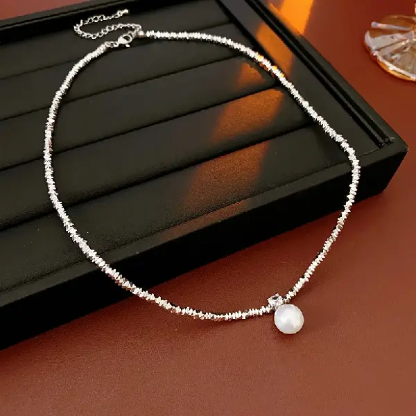 59# Broken Silver Zircon Pearl Necklace,tkmbeautysupply.com